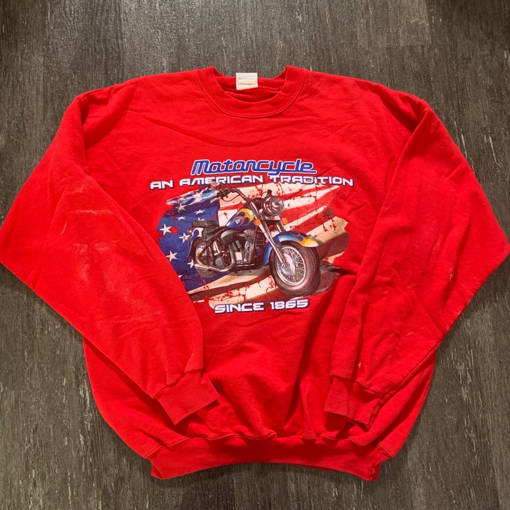 Vintage Hanes Mens Red Motorcycle American Tradition Long Sleeve Sweatshirt XL